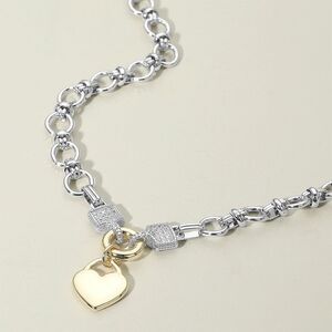 Two Tone 14K Plated Chain Link Silver Heart Charm Pendant Necklace Casual Gold